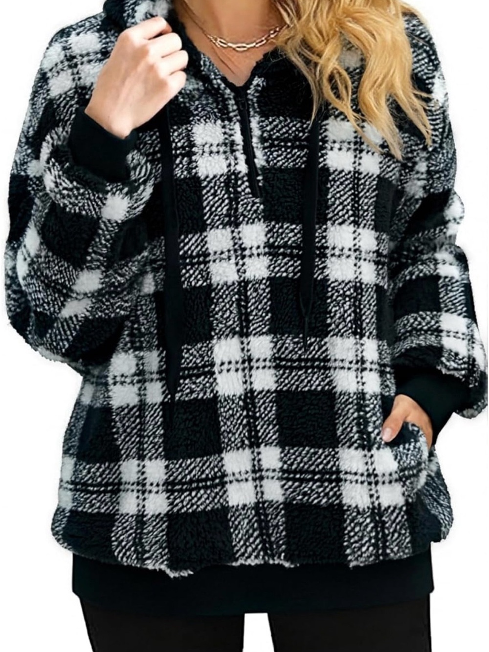 Cozy Plaid Sherpa Half-Zip Hoodie - Black & White